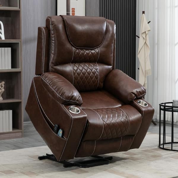 YOFE Oversized Brown Breathable Leather Electric Recliner Chair Elderly Power Lift Chair with Massage and Heating, 400 lbs.