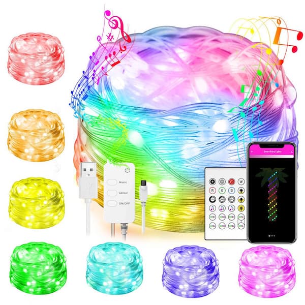 Unbranded 66-Light 33 ft. Outdoor USB or Battery Operated Integrated LED Fairy String Light-App Control Music Sync Twinkle Light