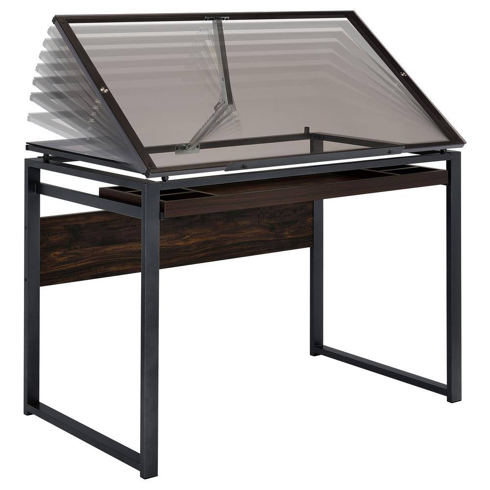 Pantano Dark Gunmetal and Chestnut Glass Top Drafting Desk