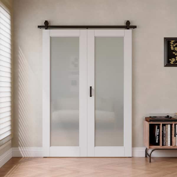 56 in. x 80 in. 1 Lite Tempered Frosted Glass White Primed Bifold Sliding Barn Door with Hardware Kit