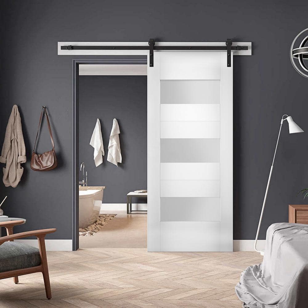 White Solid MDF Barn Door with Opaque Glass Panels