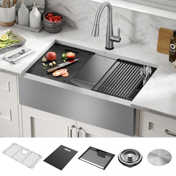 Rivet 16- Gauge Stainless Steel 33 in. Single Bowl Undermount Farmhouse Apron Workstation Kitchen Sink with Accessories