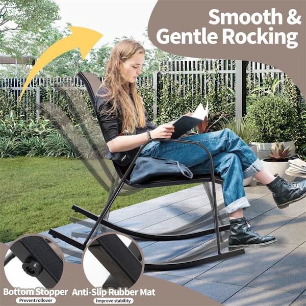 2-Pieces Brown Patio Metal Outdoor Rocking Chair Heavy-Duty Rocker Anti-Slip