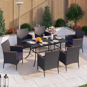 Black 7-Pcs Metal Rectangle Patio Outdoor Dining Set with Table and Rattan Chairs with Blue Cushion
