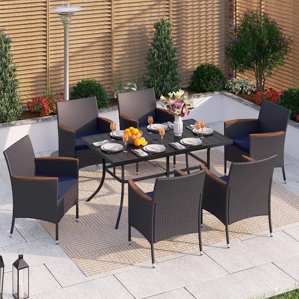 PHI VILLA Black 7-Pcs Metal Rectangle Patio Outdoor Dining Set with Table and Rattan Chairs with Blue Cushion