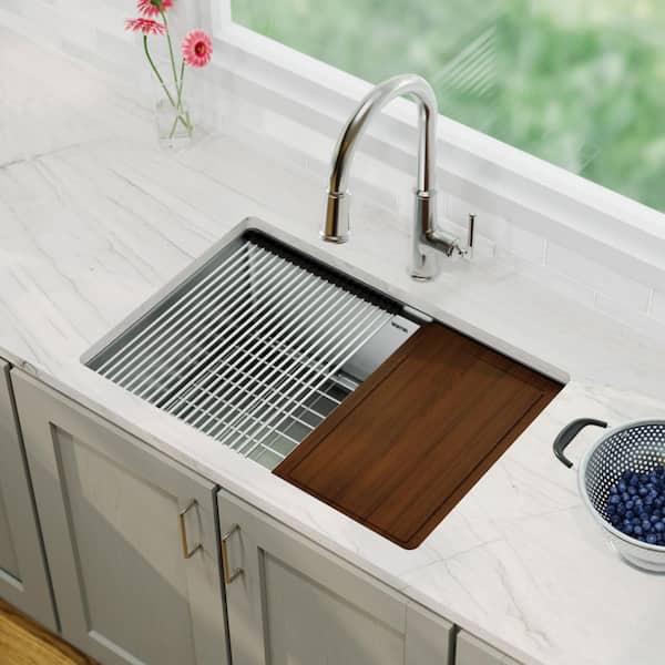 27 in. Undermount Single Bowl 16-Gauge Stainless Steel Workstation Kitchen Sink