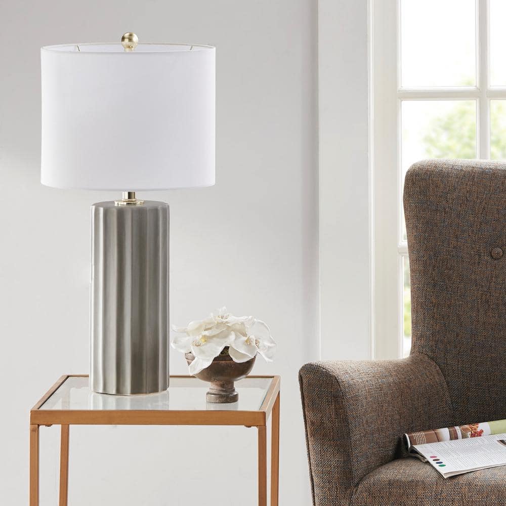 Gray Ribbed Ceramic Table Lamp with White Drum Shade