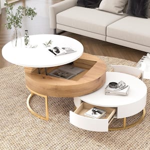 Multifunctional 31.5 in. White and Natural Round MDF Lift-top Nesting Coffee Table, Accent Table Set with Drawers
