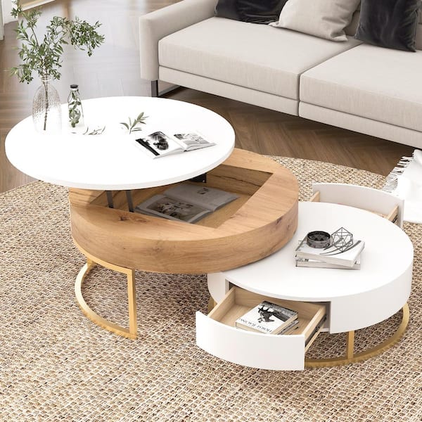Harper & Bright Designs Multifunctional 31.5 in. White and Natural Round MDF Lift-top Nesting Coffee Table, Accent Table Set with Drawers