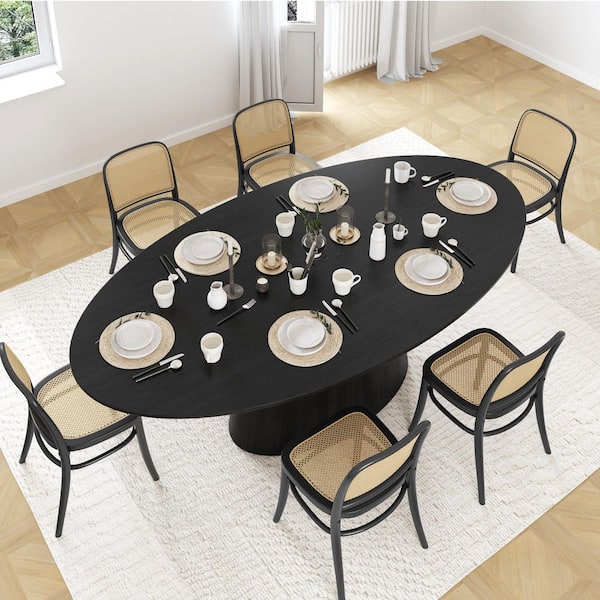 Dovelina Oval Black Wooden Solid Wood 72 in. Wood Pedestal Base Dining Table Seats 8