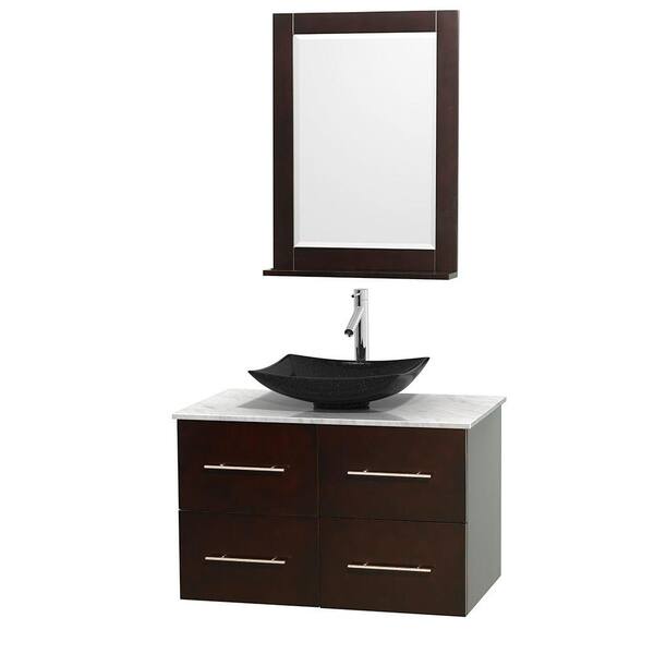 Wyndham Collection Centra 36 in. Vanity in Espresso with Marble Vanity Top in Carrara White, Black Granite Sink and 24 in. Mirror