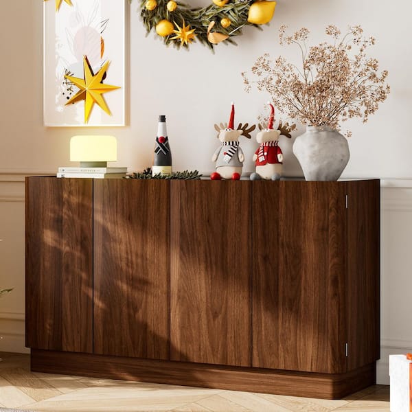 Timgroo 55 in. W x 15.7 in. D x 32 in. H Assembled Base Sideboard Buffet Cabinet in Natural Walnut and 4 Door