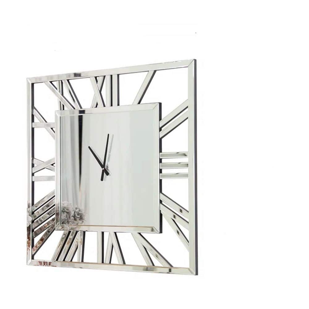 31.5 in. W x 31.5 in. H Square Metal Framed Silver Mirror Wall Clock for Li