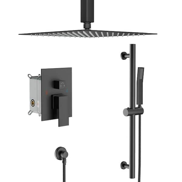 LORDEAR 16 in. Matte Black 1.8 GPM Ceiling Mount Shower System 2-Spray Dual Shower Head and Handheld Shower Head