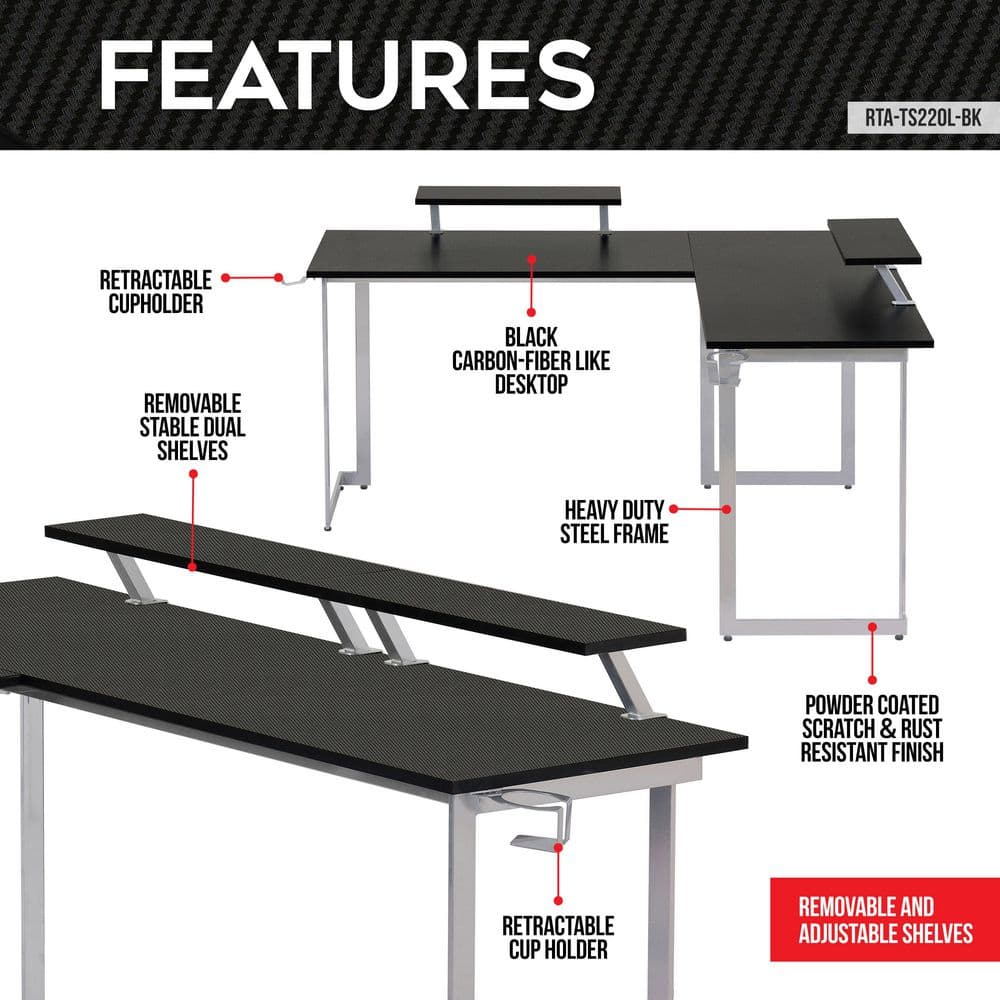 Techni Sport Warrior L-Shaped Gaming Desk with Cup Holders and Headphone Hook