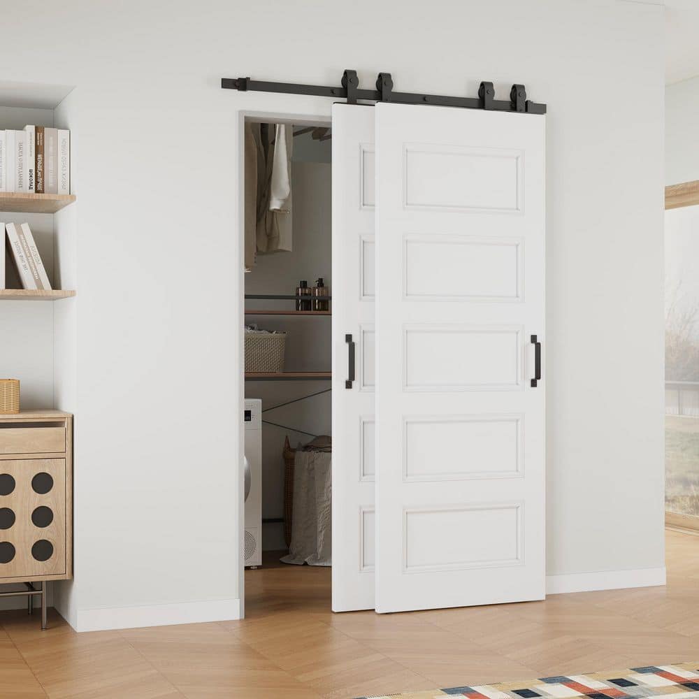 56 in. x 80 in. (Double 32 in.) 5-Lite Molded White Primed Solid Core MDF Sliding Barn Door with Hardware Kit Bypass price history on PriceWatchPro