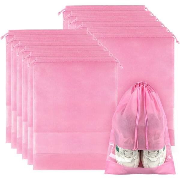 Pink Breathable Shoe Bags with Clear Window 12-Pack Large Drawstring Travel Luggage Organizers for Shoes and Accessories