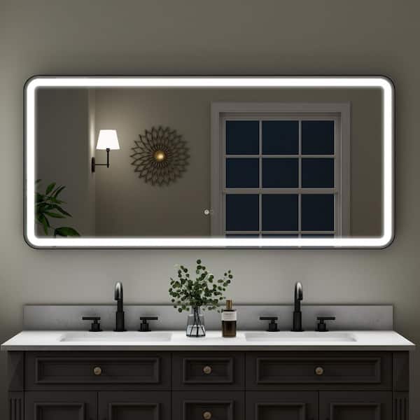 60 in. W x 28 in. H Retangular Framed LED Dimmable Anti-Fog Wall Bathroom Vanity Mirror in Matte Black, IP54