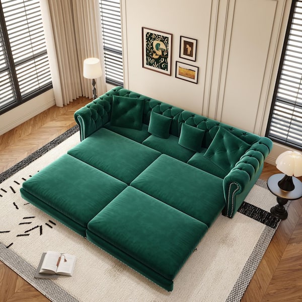 3-in-1 Convertible 89 in. Green Velvet King Size Sofa Bed with Rivet Head Trim, Movable Ottoman, 4 Pillows