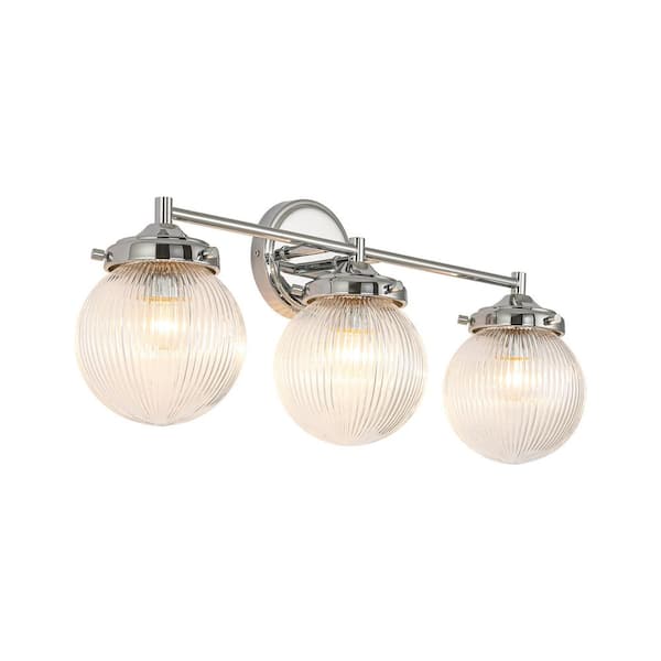 Roxanne 24.4 in. W 3-Light Chrome Modern Ribbed Glass Globe Bubble Bathroom Vanity Light over Mirror