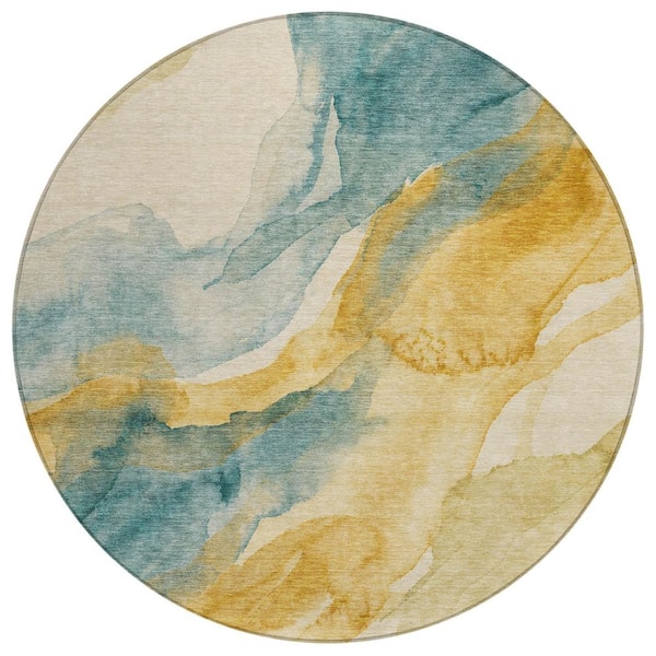Chantille Machine Washable Indoor/Outdoor Abstract ACN3026 Gold 8 ft. x 8 ft. Round Rug
