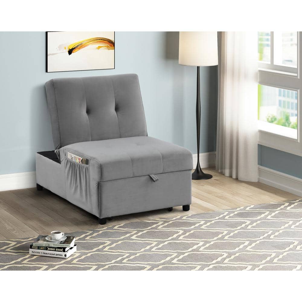 Gray Velvet Adjustable Sleeper Lounge Chaise with Manufactured Wood Frame