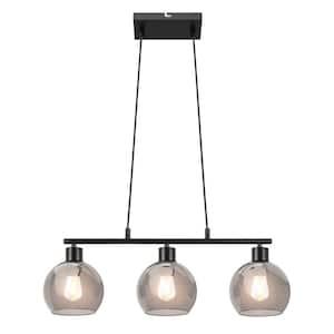 3-Light Black Linear Hanging Pendant Light Chandelier with Glass Shade