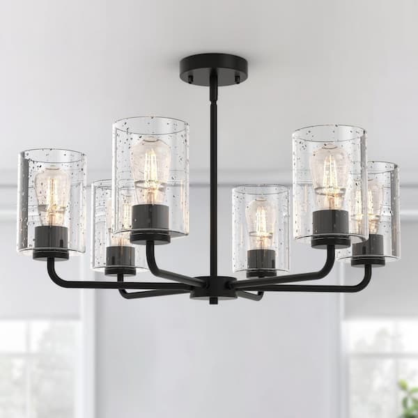 28 in. 6-Light Black Modern Semi-Flush Mount Pendant Lighting, Adjustable Height with Glass Shades for Dining Room