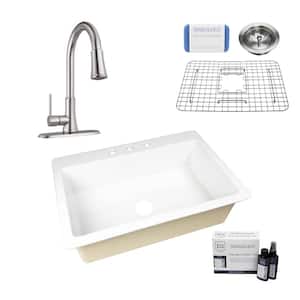 Jackson 33 in. 3-Hole Drop-in Single Bowl Crisp White Fireclay Kitchen Sink with Pfirst Faucet Kit