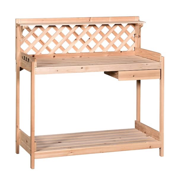 Outsunny Natural Wooden Shed Outdoor Garden Potting Bench with Open Shelf