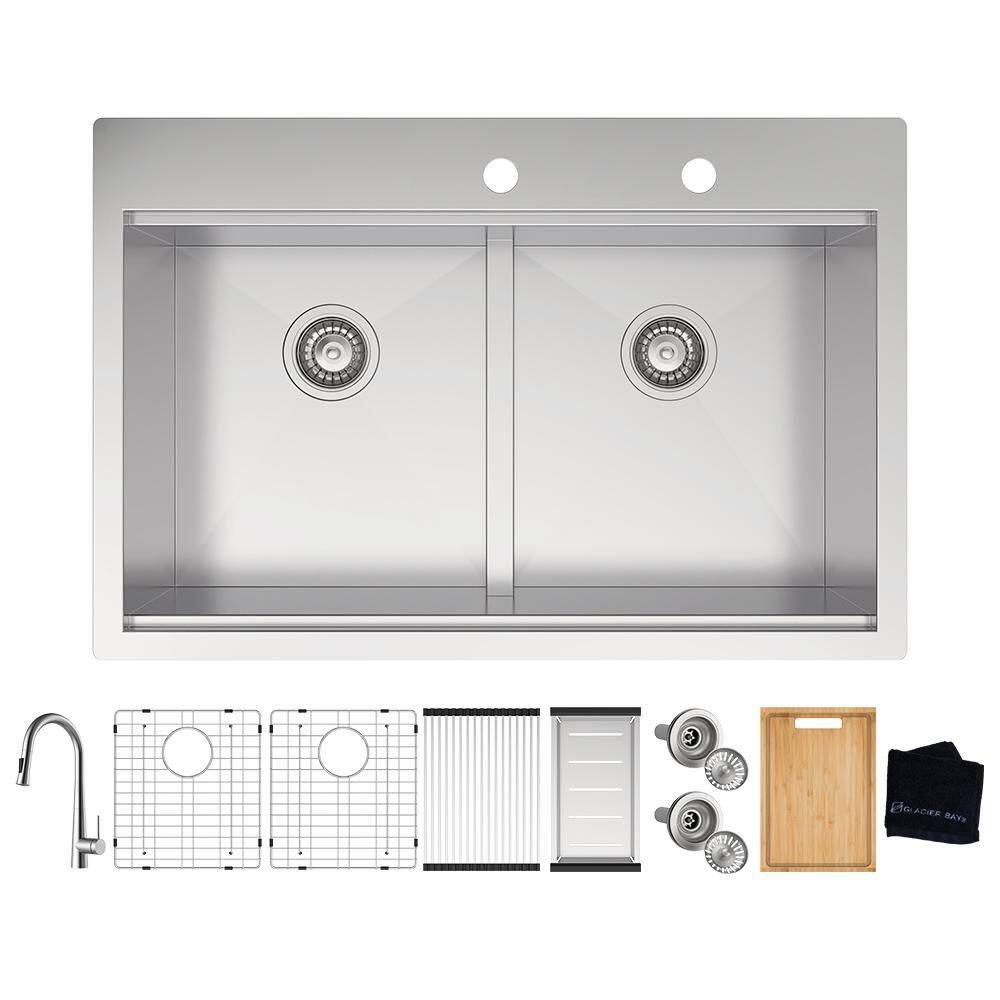 Zero Radius 33 in. Drop-In 50/50 Double Bowl 18 Gauge Stainless Steel Workstation Kitchen Sink with Pull-Down Faucet price history on PriceWatchPro