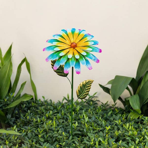 Glitzhome 41 in. H Blue and Yellow Garden Metal Flower Yardstake