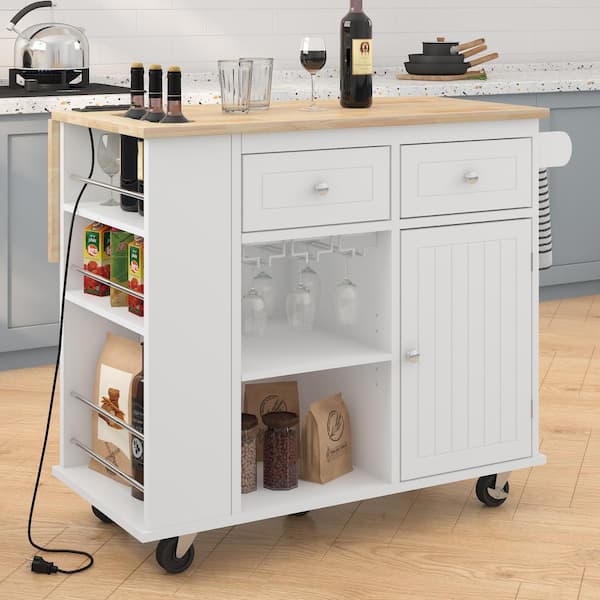 Rolling White Drop Leaf Rubber Wood Tabletop 40 in. Kitchen Island with Power Outlet, Wine Rack and Adjustable Shelves