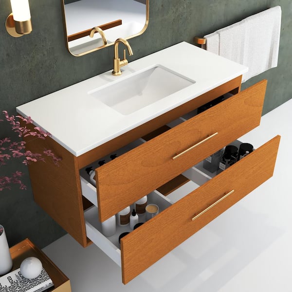 Napa 48" W x 22" D x 21-3/8" H Single Sink Bathroom Vanity Wall Mounted in Pacific Maple with White Quartz Countertop