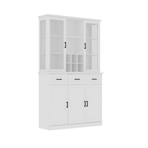 FUFU&GAGA White Wooden 40.8 in. Table Height Wine Cabinet, Food Pantry, Sideboard with 12-Shelves, 3-Drawers and Glass Doors