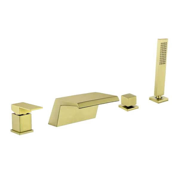 AIMADI Single-Handle Waterfall Deck-Mount Roman Tub Faucet with Hand Shower 4-Hole Brass Tub Fillers in Brushed Gold