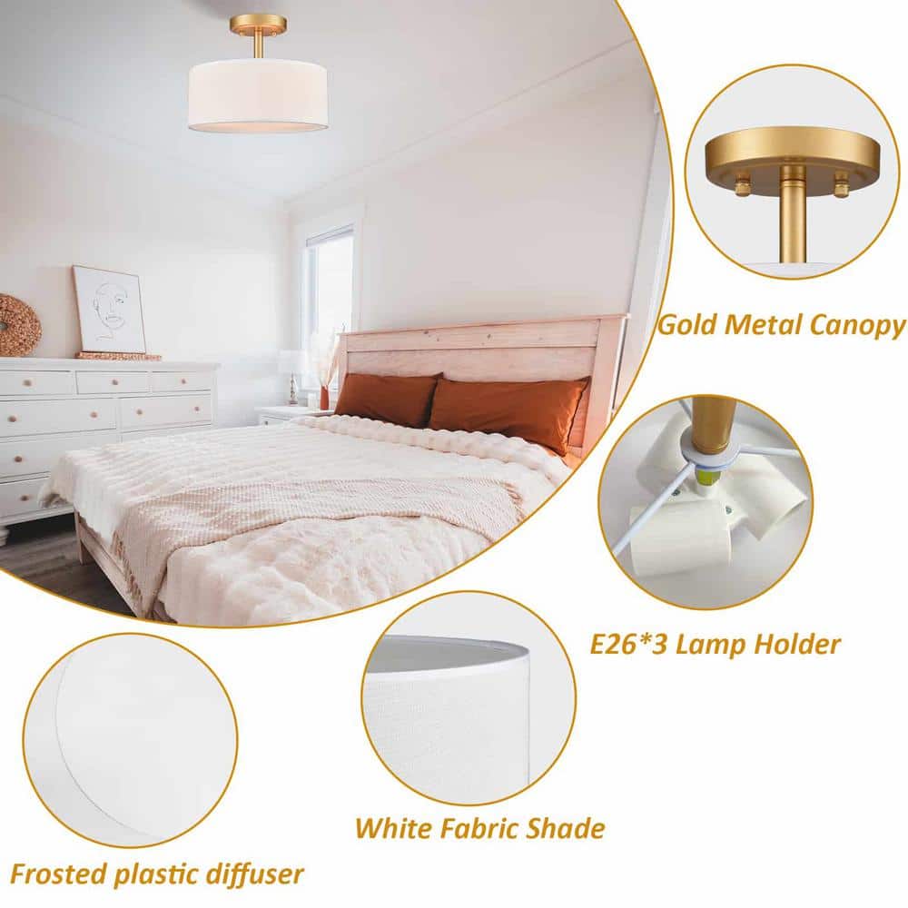 Brushed Brass and White Fabric Drum LED Ceiling Light
