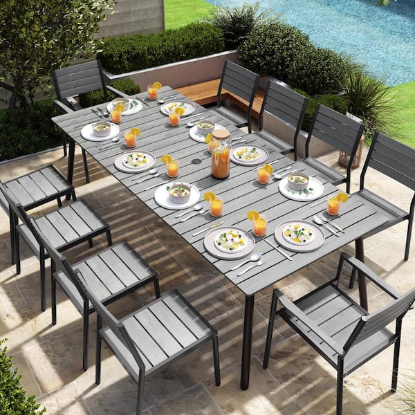 Pellebant 94.5 in. Rectangular Aluminum Outdoor Patio Dining Table with Wood-Like Tabletop in Gray