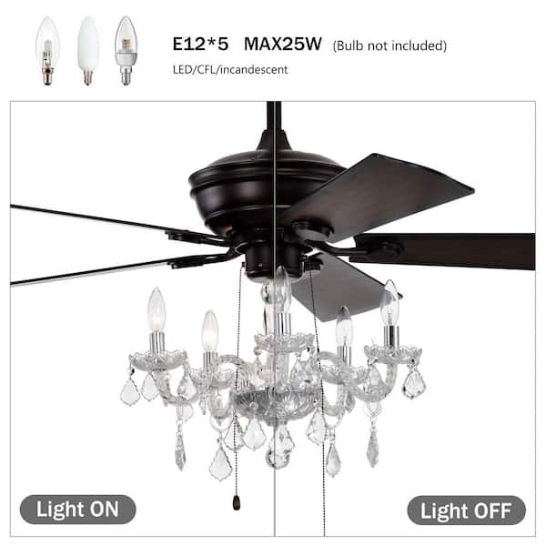 52 in. Crystal Shade Ceiling Fan Lamp, 3-Speed, 4-Timing, 5-Reversible Blades Ceiling Fan, Black (No Include Bulb)