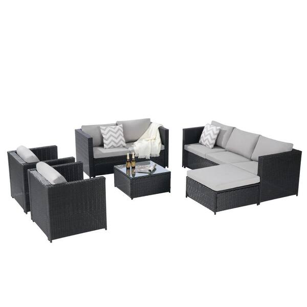 Runesay 9-Pieces Black Rattan Wicker Outdoor Sectional Set with Gray Cushions and Table