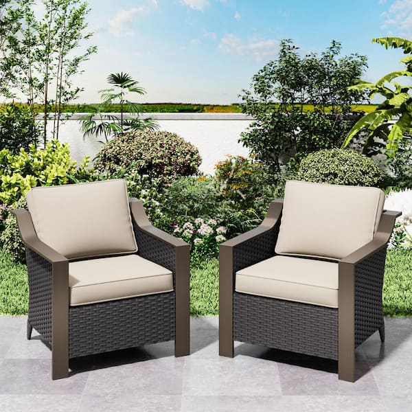 2-Piece Wicker Outdoor Lounge Chair with Gracefully Sloped Armrest and Beige Cushions