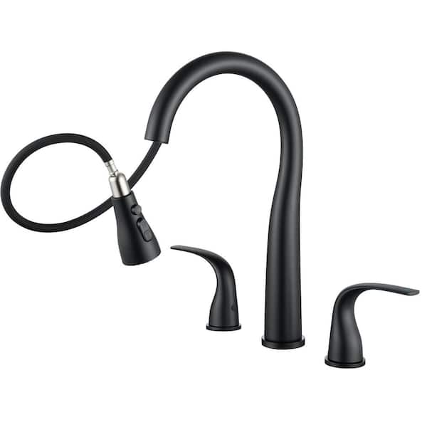 14.6 in Hight Widespread Dual Handle 360° Spout Swivel Pull Down 3 Modles Sprayer Kitchen Faucet in Matte Black