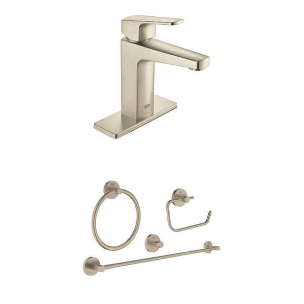 Tallinn 4 in. Centerset Faucet and Essentials 4-Piece Bath Hardware Set in Brushed Nickel InfinityFinish