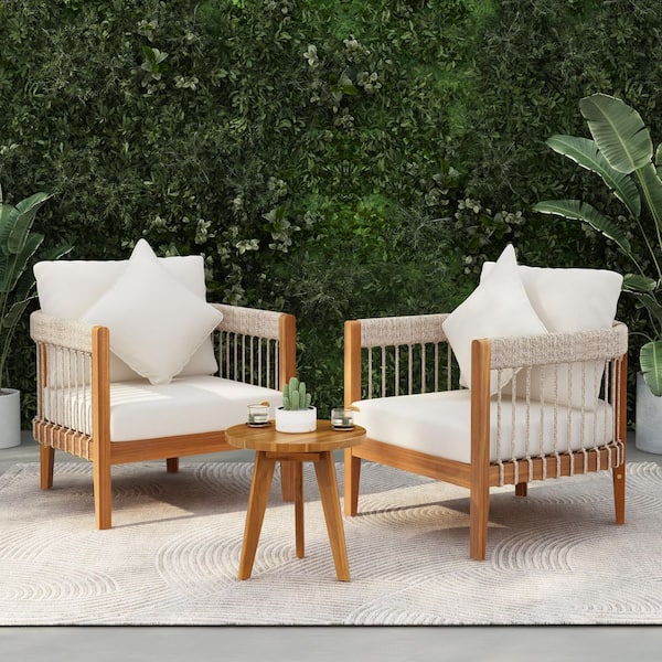Unbranded 3-Piece Acacia Wood Outdoor Conversation Set with Beige Thick Cushions, Coffee Table and Armrests for Porch, Garden