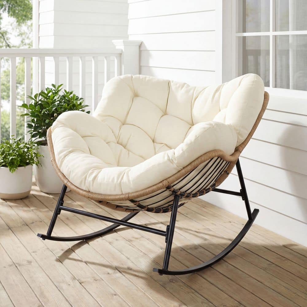 Oversized Beige PE Wicker Outdoor Rocking Chair Papasan Chair with Beige Cushion
