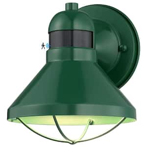 Upgraded 7.08 in. Green Motion Sensing Dusk to Dawn Indoor/Outdoor Hardwired Barn Sconce with LED Included