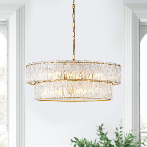 8 Light Painted Gold Chandelier Pendant Light with Glass Plates
