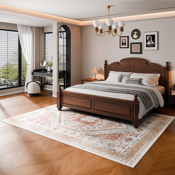 8 x 10 ft. Washable Area Rug, Vintage, Tear-Resistant, Pet and Child Friendly 360g Faux Cashmere TPR Backing Brown Red