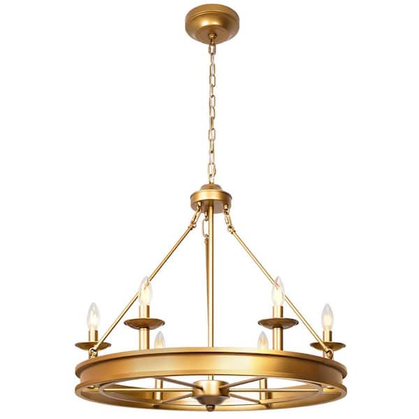 28 in. 6-Light Gold Wagon Wheel Farmhouse Chandelier, Industrial Pendant Light for Living Room, Foyer, Entryway