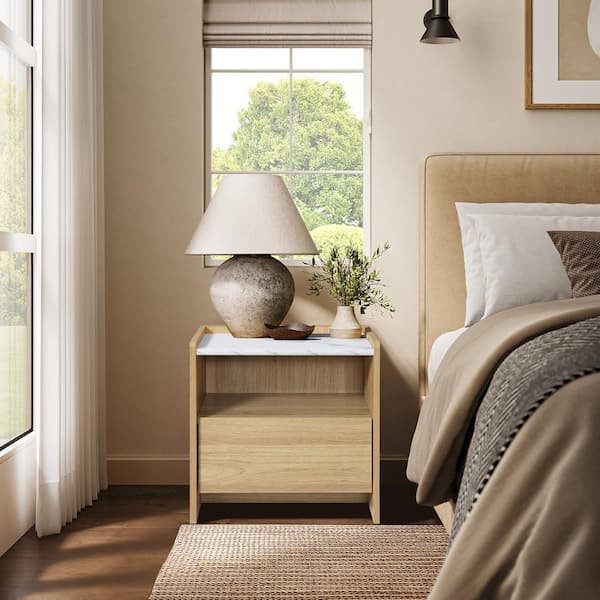 LuxenHome Hazel Oak 1 Drawer Nightstand and End Table with Storage